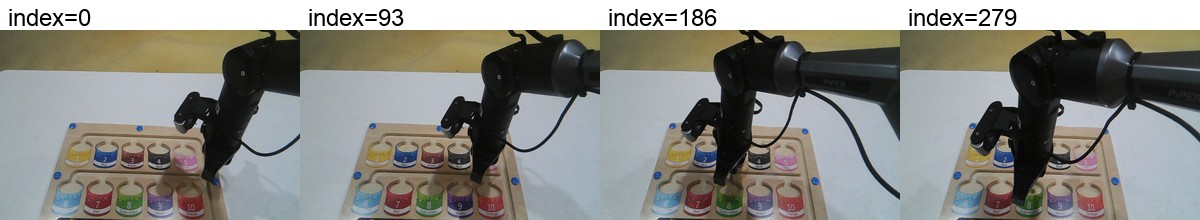 Four-frame strip of a PIPER arm guiding a piece along a numbered wooden track