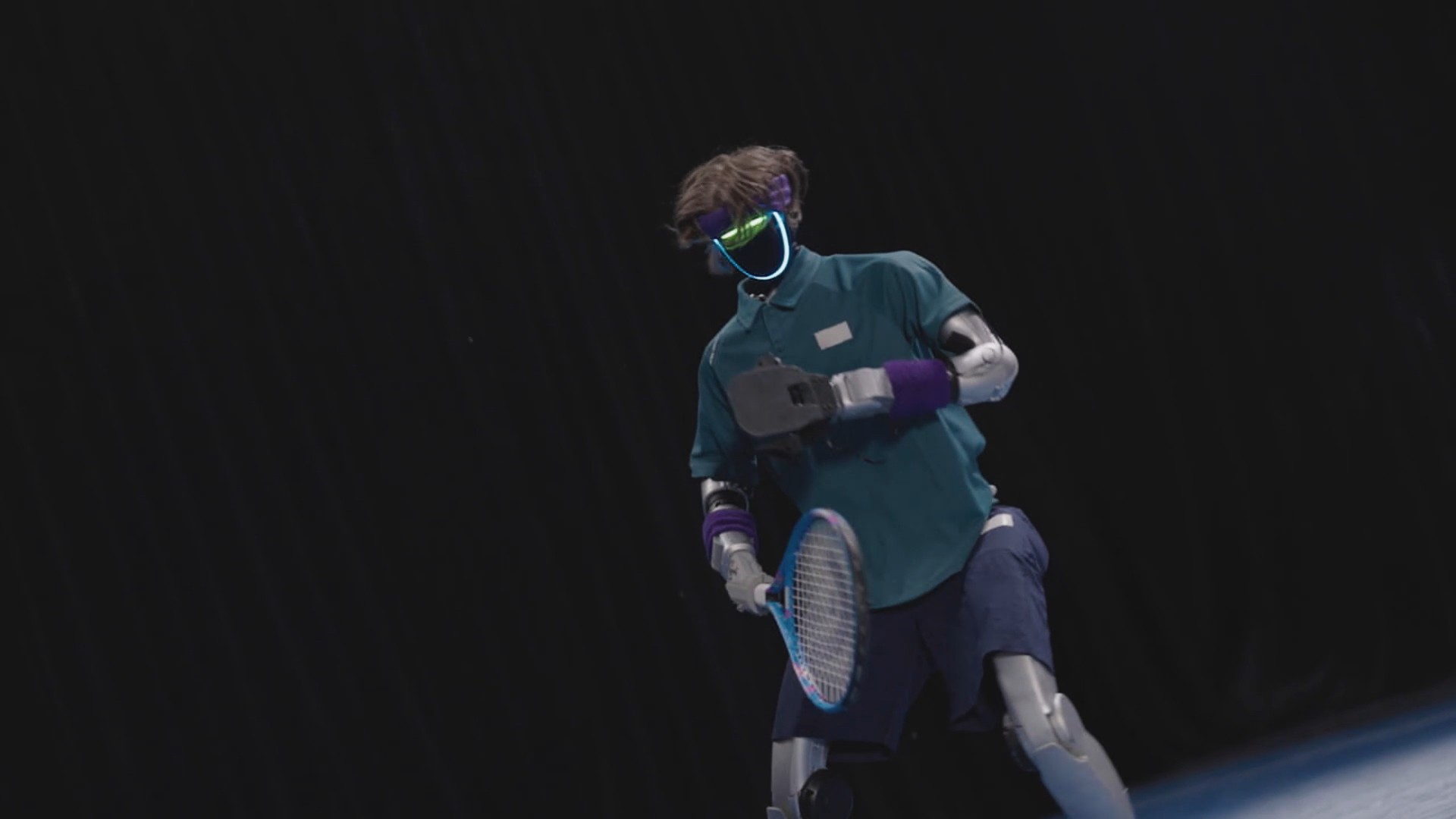 Humanoid in tennis kit holding a racket