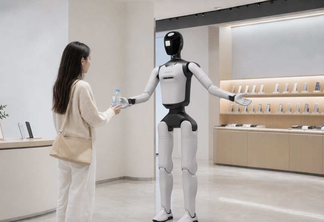 A3 Ultra handing a water bottle to a shopper in a retail interior
