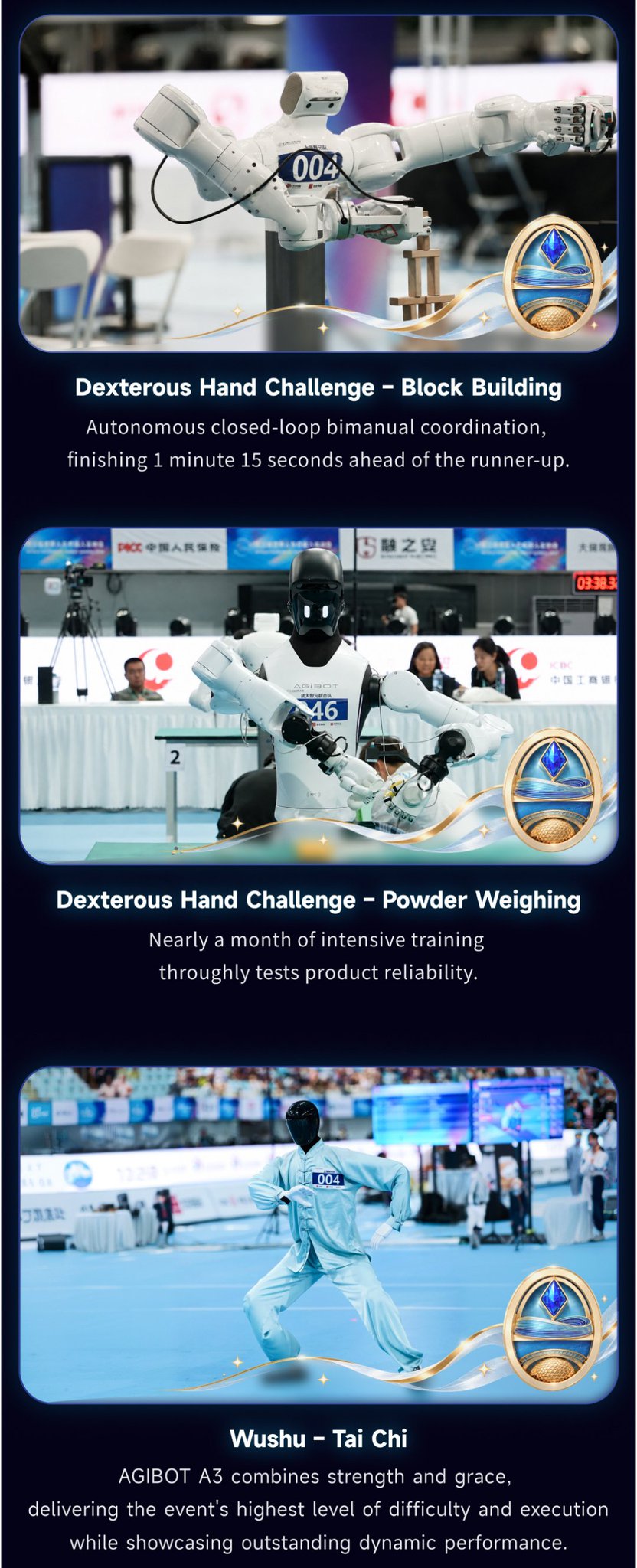 AgiBot recap of dexterous-hand block building, powder weighing, and a tai chi routine