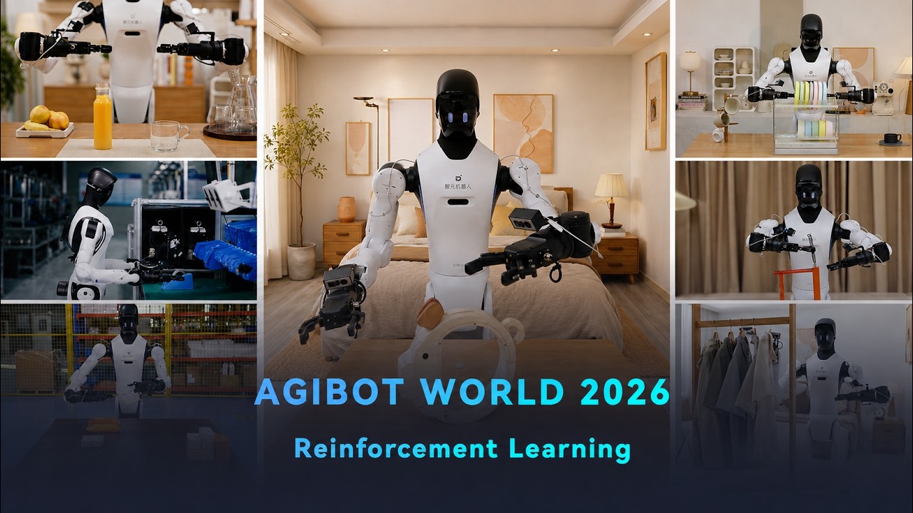 Collage of AGIBOT G2 doing household and warehouse tasks, labeled AGIBOT WORLD 2026 Reinforcement Learning