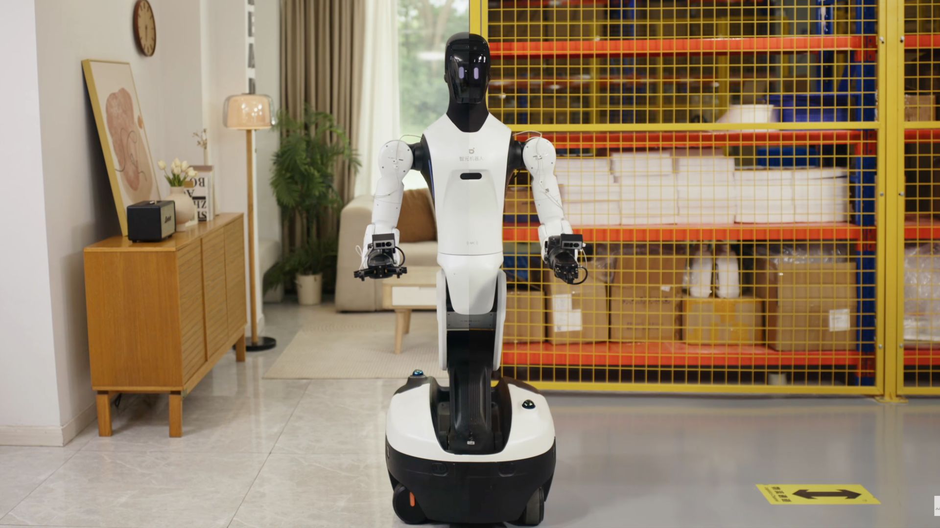 AGIBOT G2 wheeled humanoid standing between a home interior and warehouse shelving