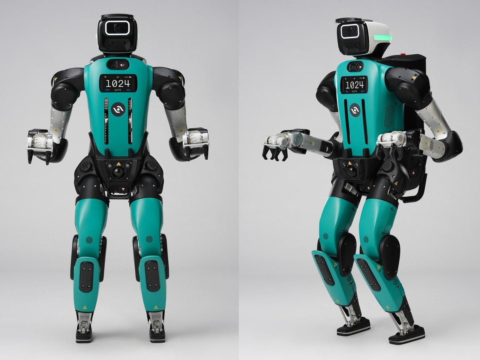 Front and three-quarter views of Digit 5 with humanlike legs and compact grippers
