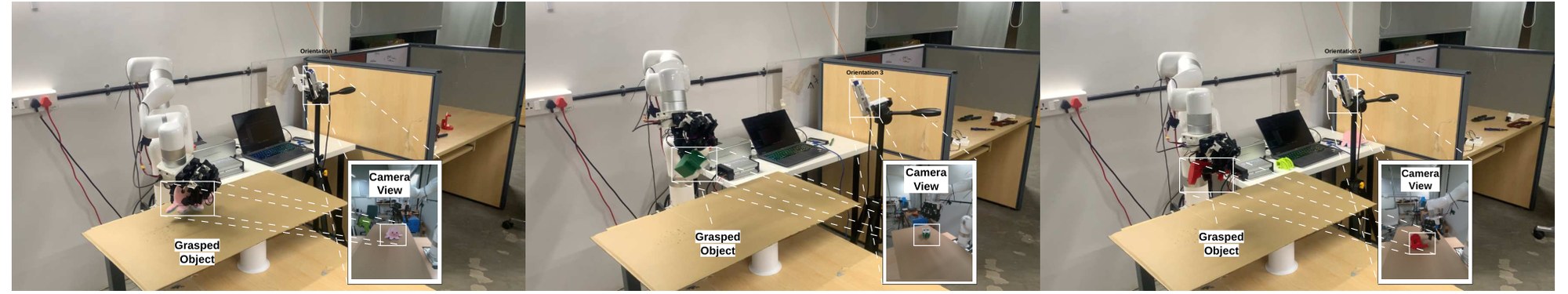xArm7 with LEAP Hand grasping from three camera orientations on a lab table