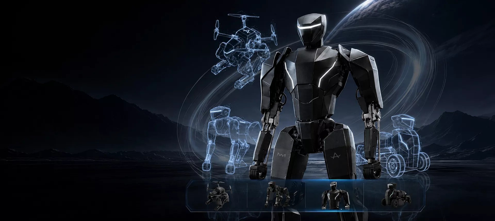 MX01 marketing graphic showing humanoid, quadruped, aerial, and wheeled modes