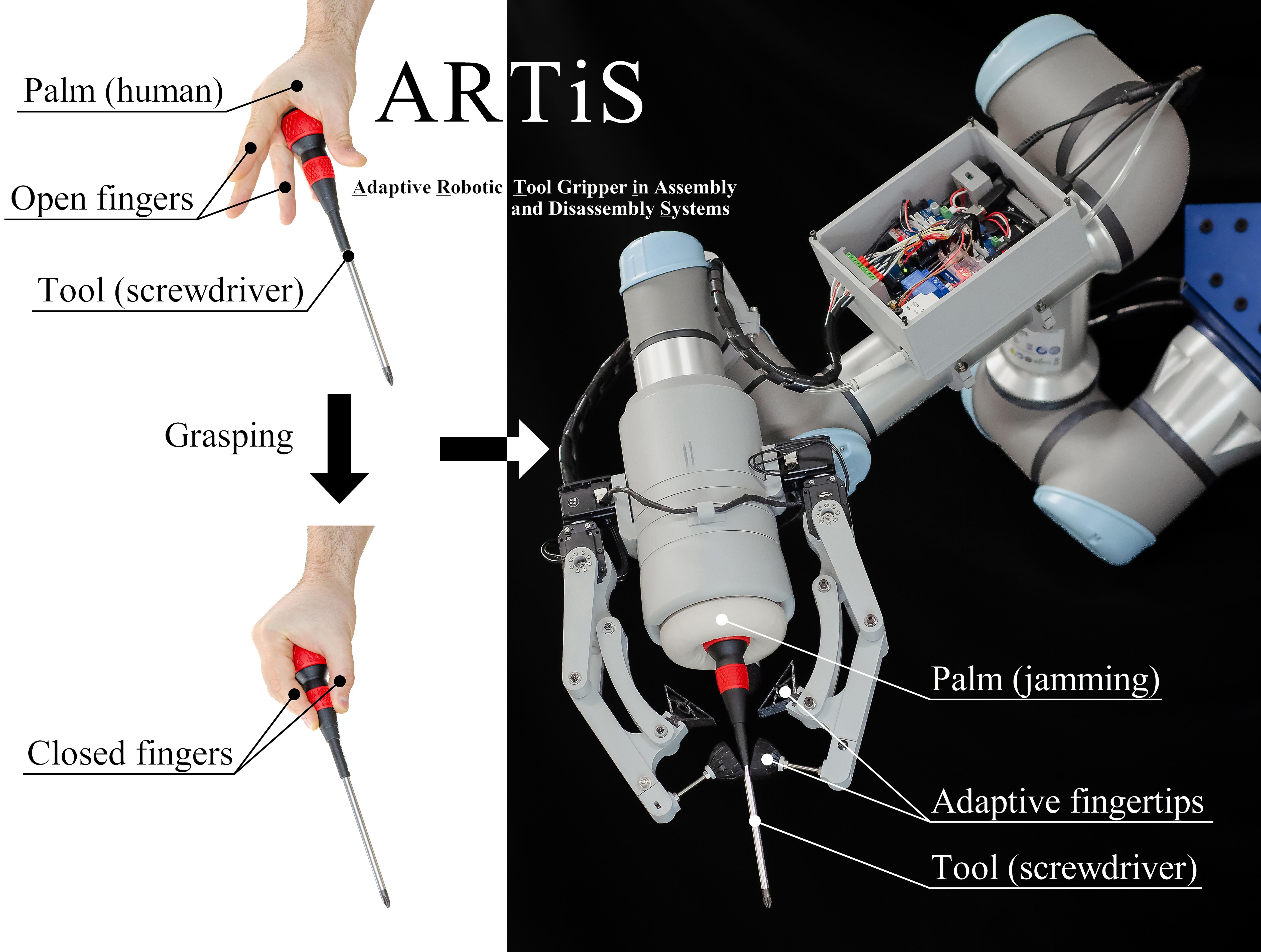 Human hand holding a screwdriver next to the ARTiS gripper with a jamming palm and adaptive fingertips