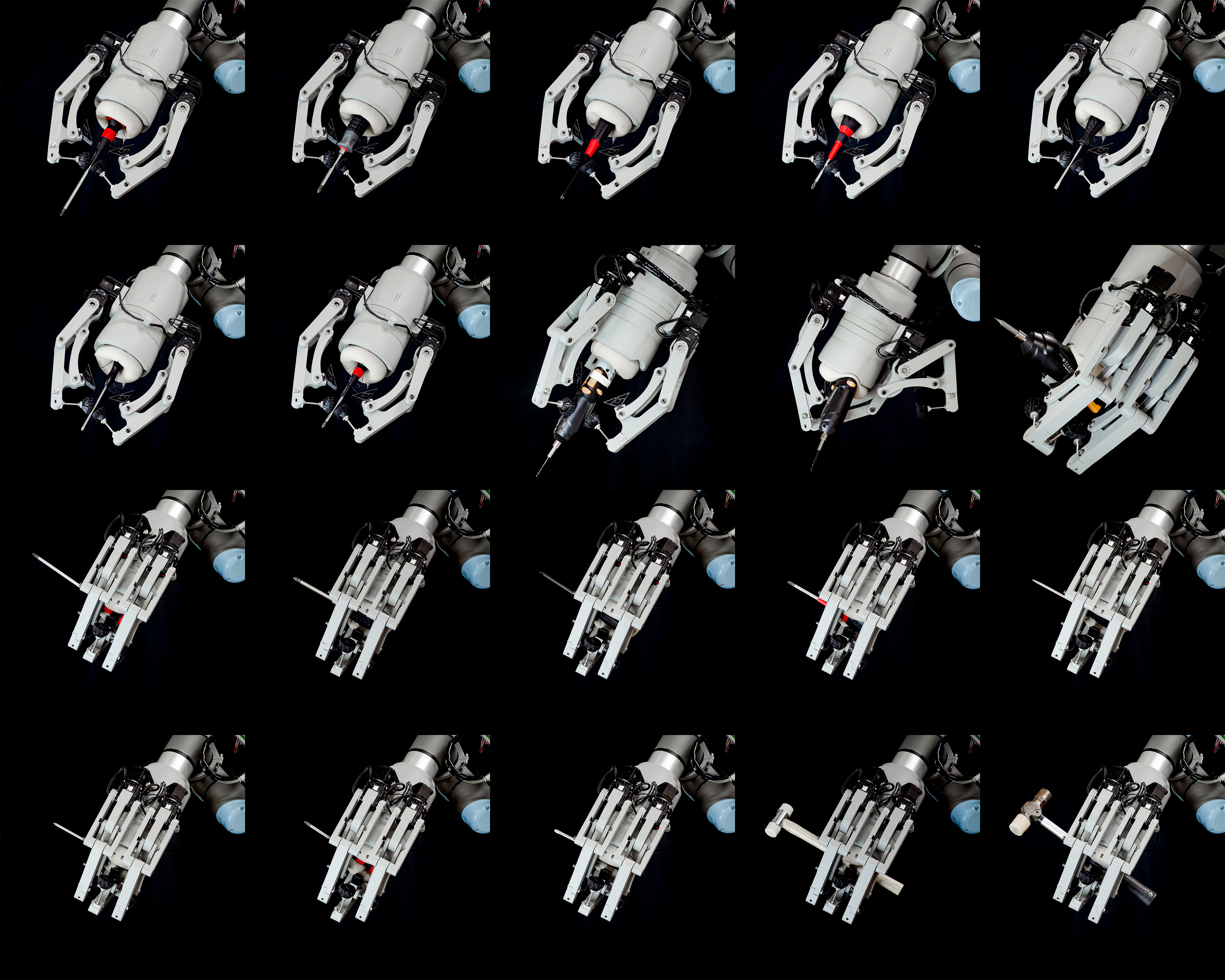 Grid of ARTiS holding screwdrivers, a drill, and hammers in sphere and wrap grasps