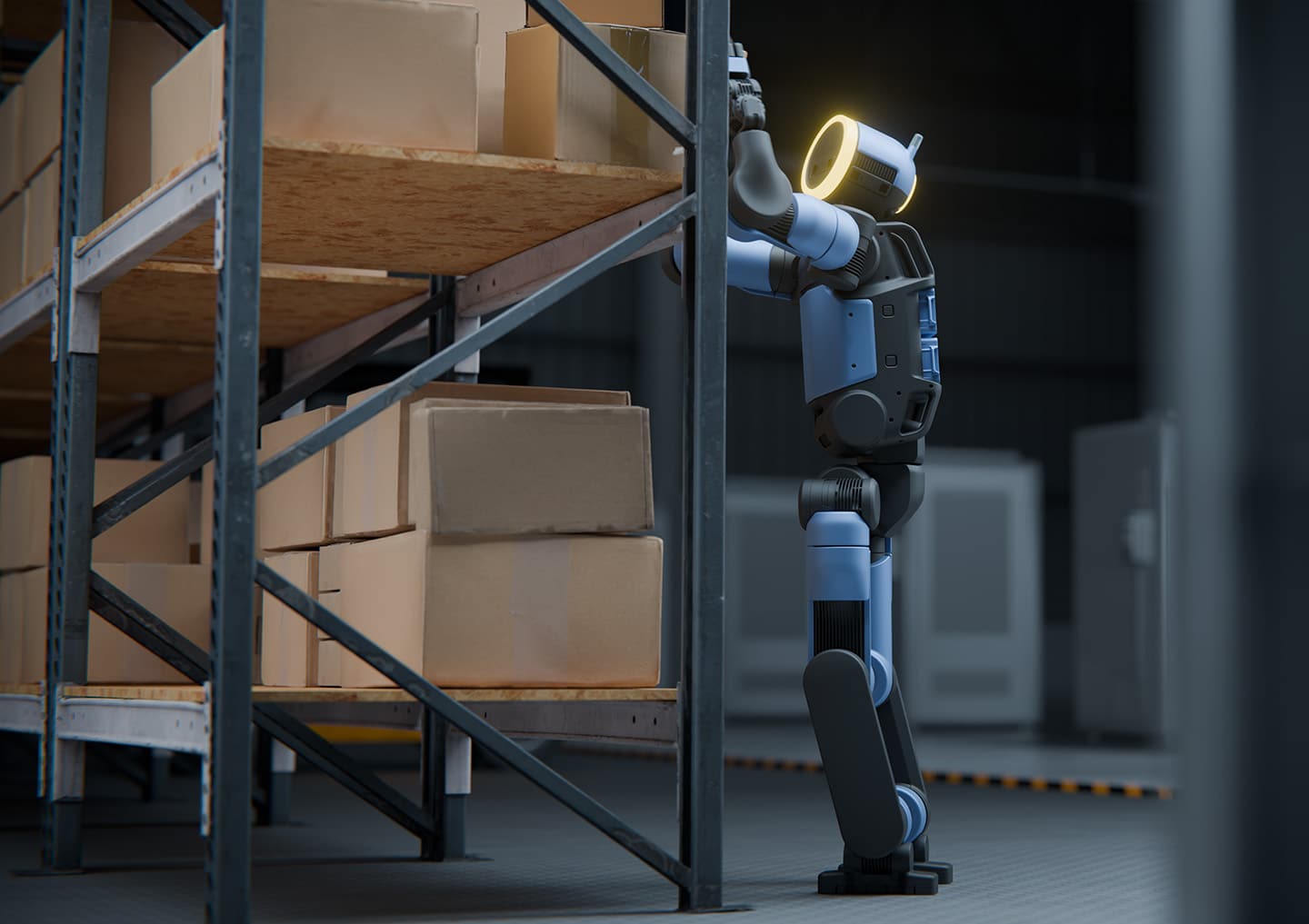 Electric Atlas humanoid placing a box on warehouse shelving