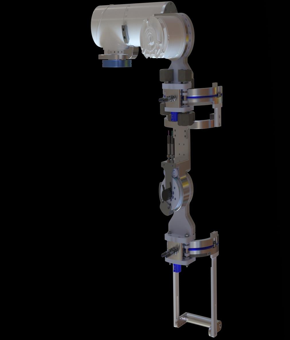 CAD rendering of upper-limb exoskeleton mechanism on black background