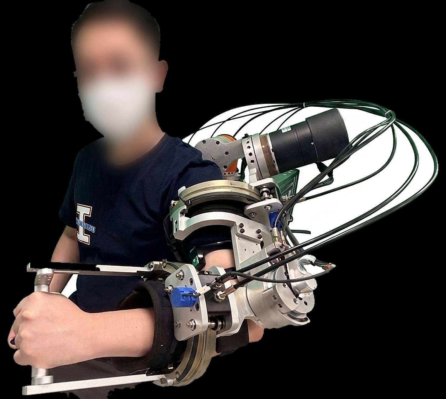 Person wearing a cable-driven upper-limb exoskeleton with shoulder and elbow mechanisms