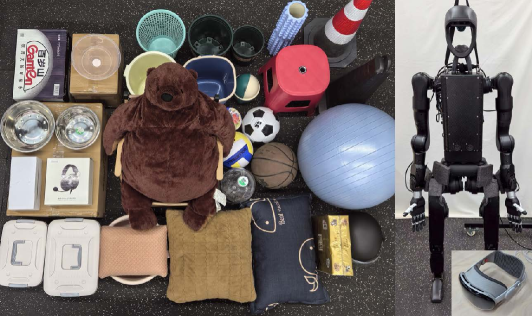Overhead photo of 33 large objects next to the H1-2 humanoid and an Inspire hand