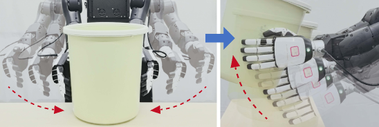 Dual Inspire hands enclosing a pale plastic bin from both sides
