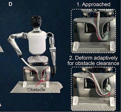 BioflexBot reaching around an obstacle in a narrow channel