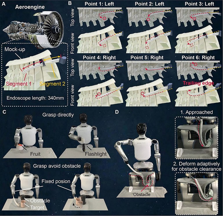 BioflexBot inspecting an aeroengine blade mockup and grasping objects on a humanoid