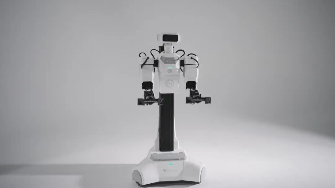 Mantis Standard facing camera, dual arms lowered, omnidirectional wheeled base