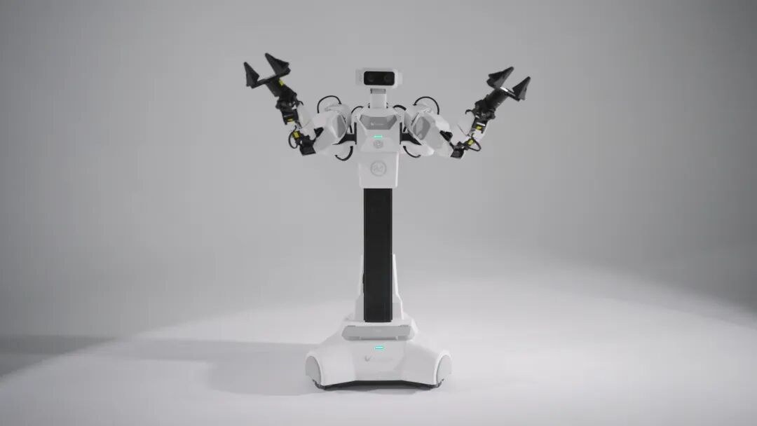 White wheeled dual-arm Mantis Standard robot with black grippers raised against a gray backdrop
