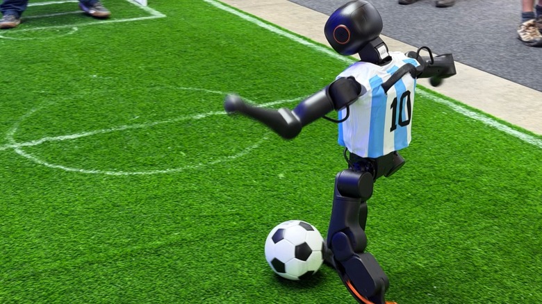 Booster K1 in an Argentina No. 10 jersey kicking a soccer ball on turf at IFA