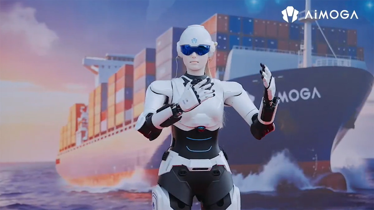Aimoga humanoid robot with cargo ship backdrop from Chery promotional video