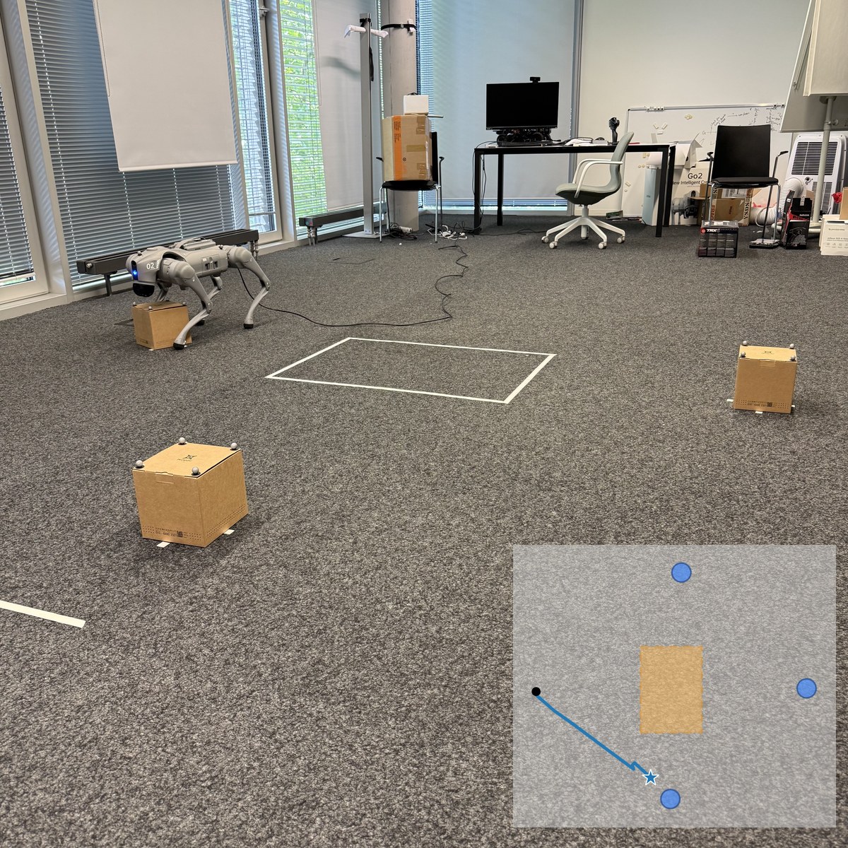Go2 at a box on the left of the arena with a blue mocap path inset