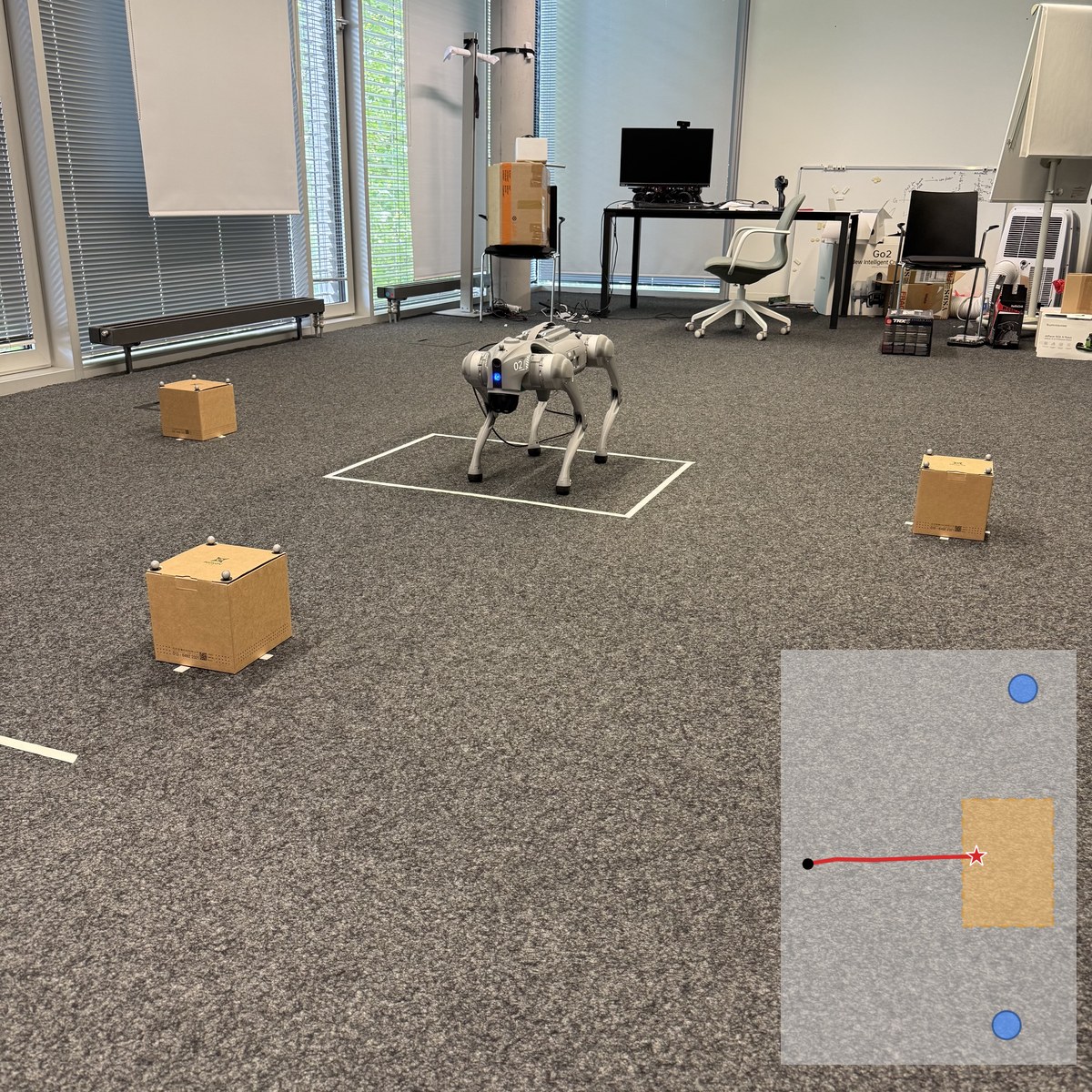 Go2 standing in a white rectangle between boxes, red path inset showing a gap landing