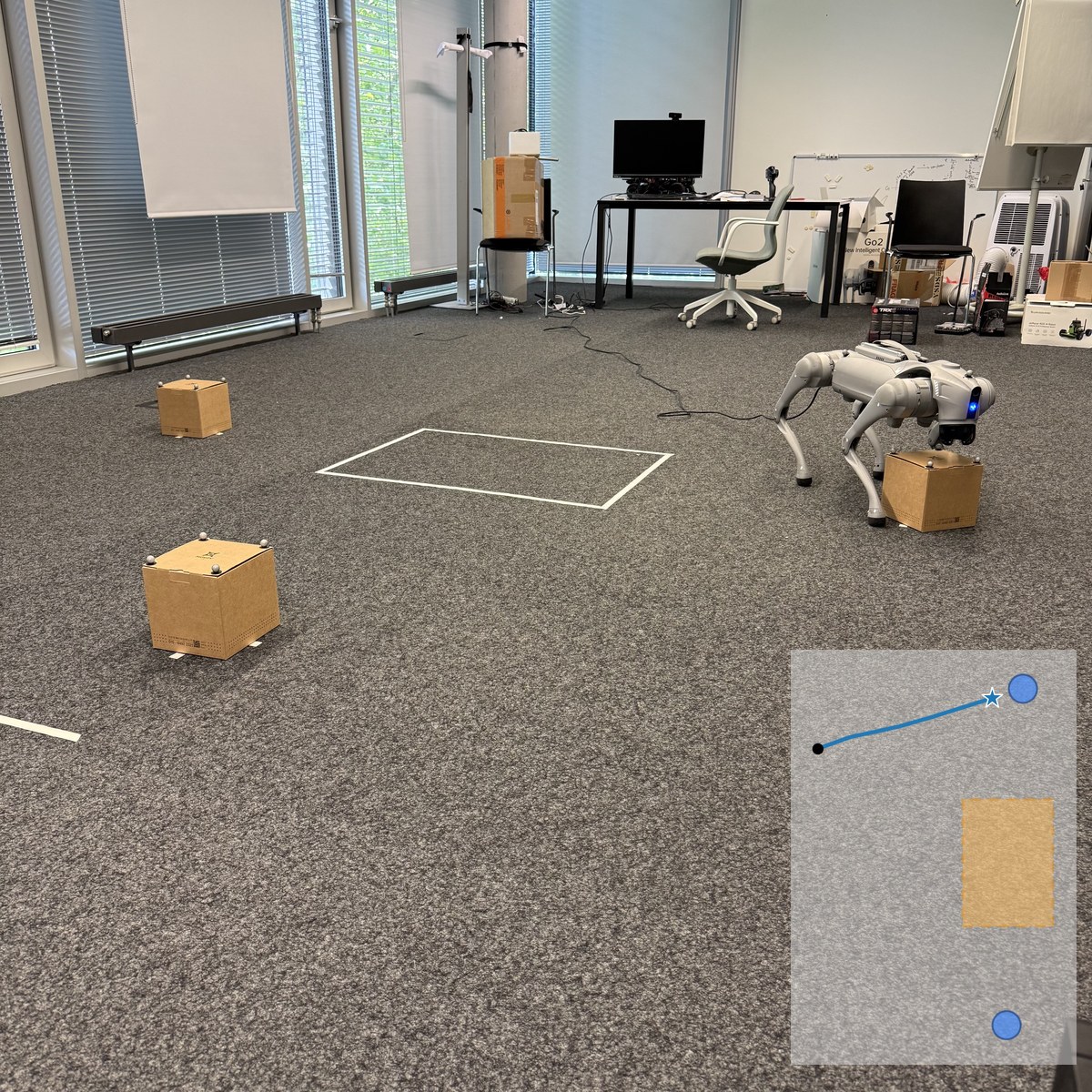 Unitree Go2 standing over a box marked as a valid goal, with a blue trajectory inset