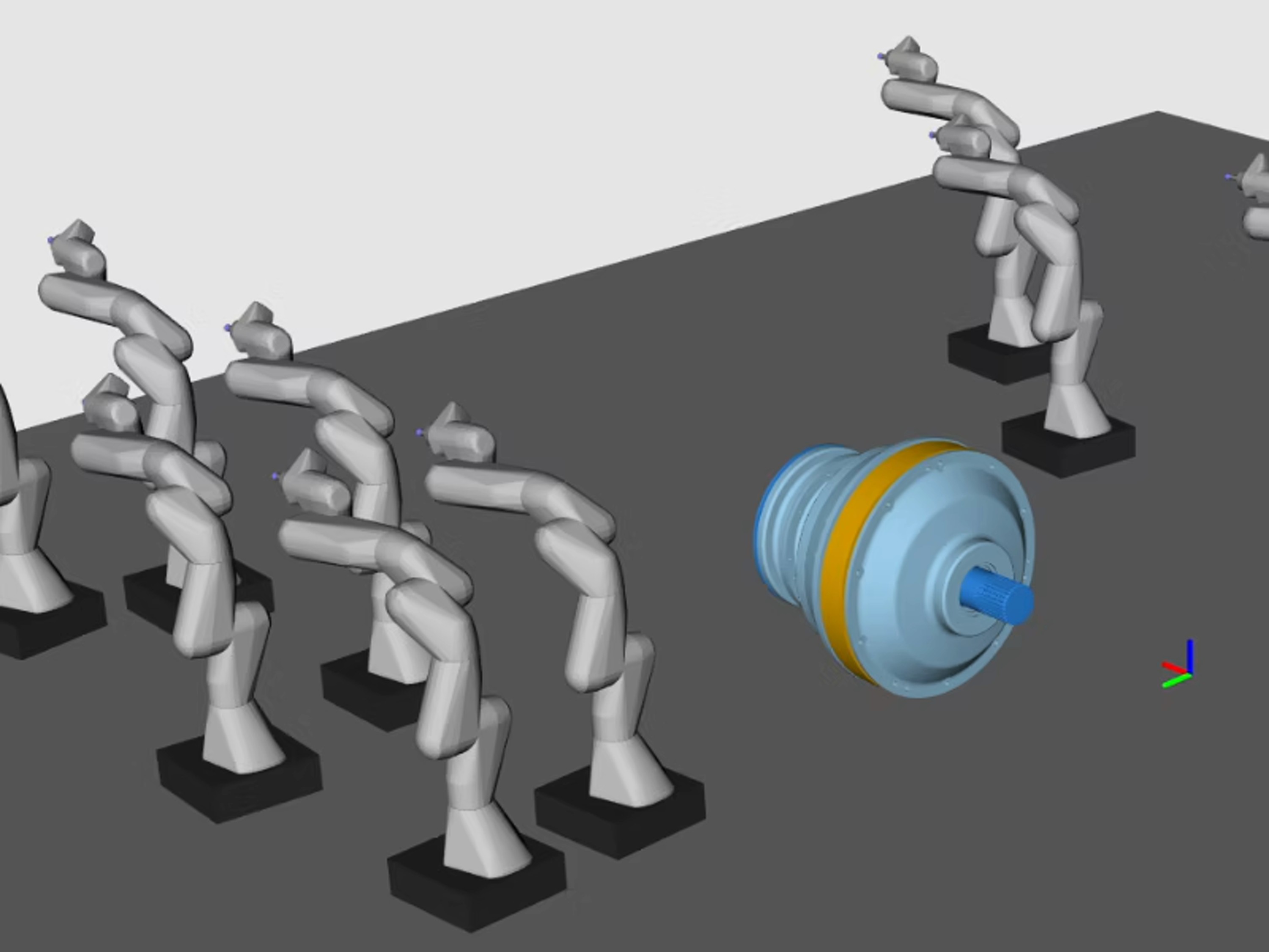 Multiple robot arms surrounding a large cylindrical assembly part in simulation