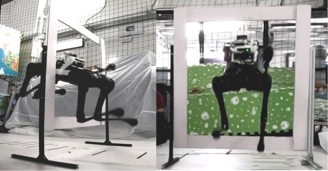 Unitree Aliengo in mid-air passing through a white rectangular gate, side and front views