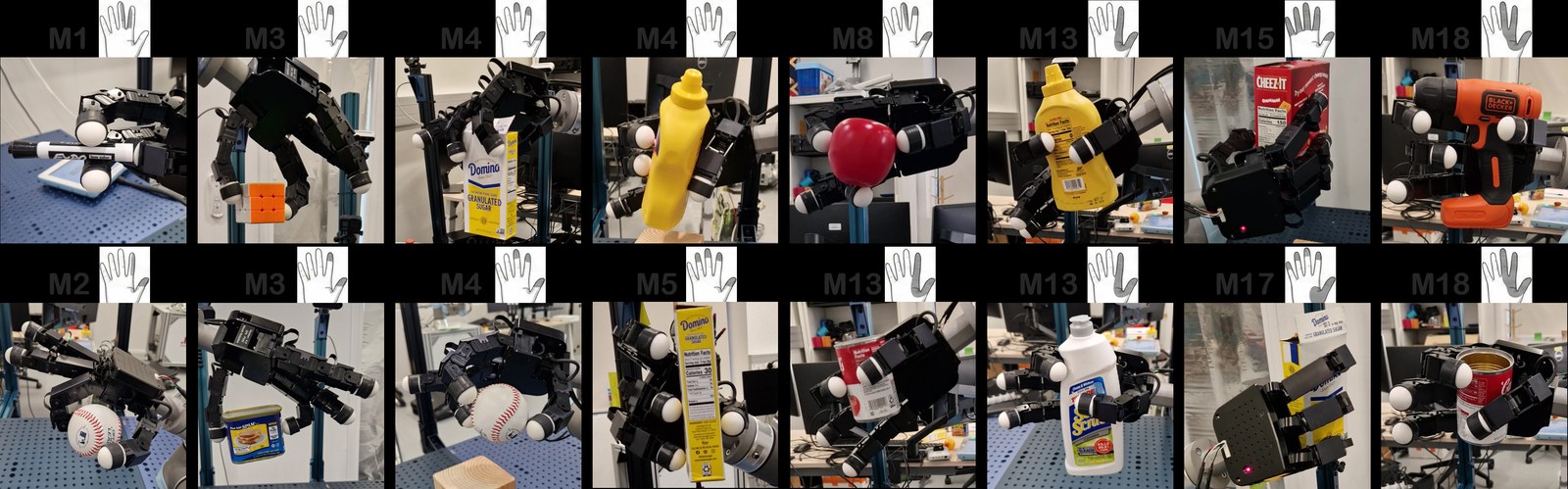 Grid of real Allegro Hand grasps on YCB objects including baseball, mustard, Cheez-It, and a drill