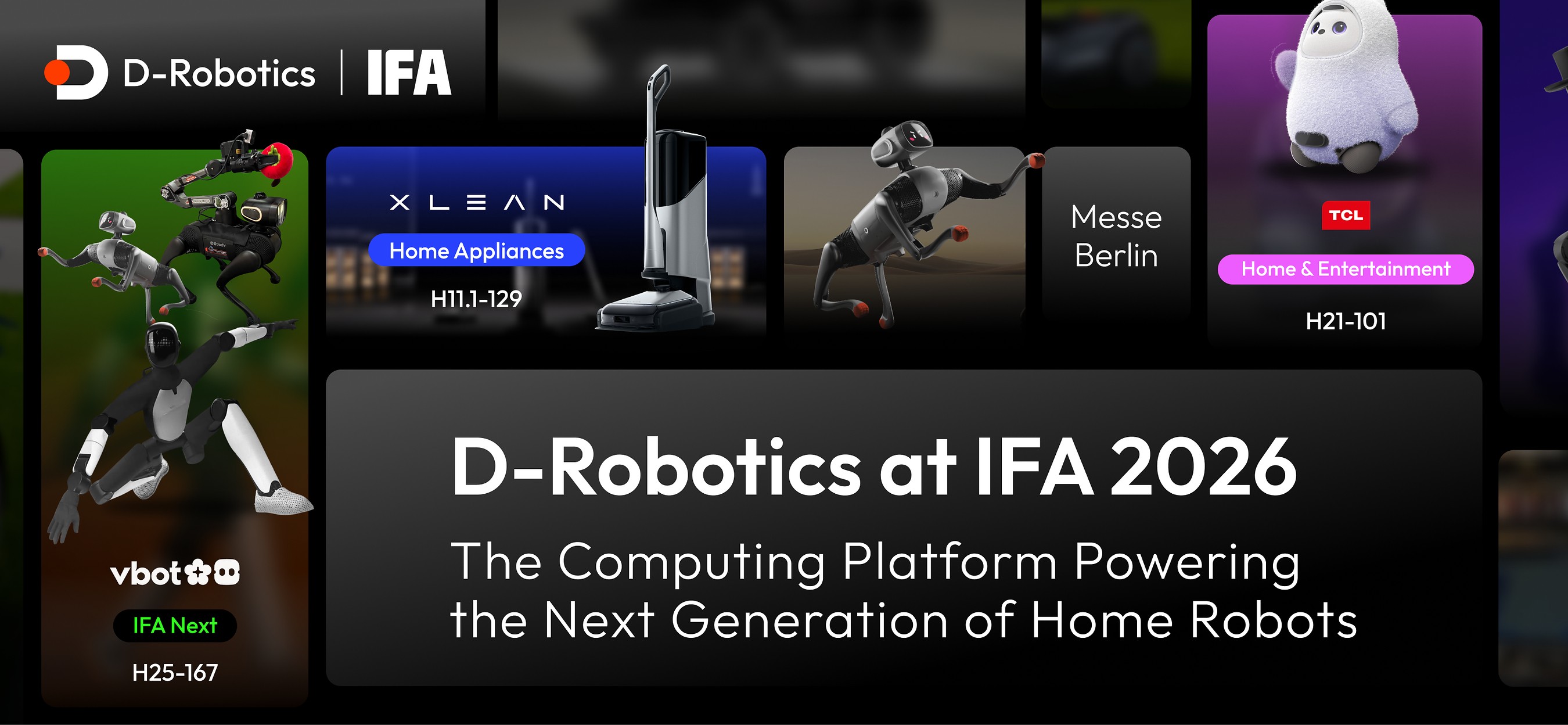 D-Robotics IFA 2026 graphic showing Vbot SuperDog, xLean TR1, and TCL hey AiMe
