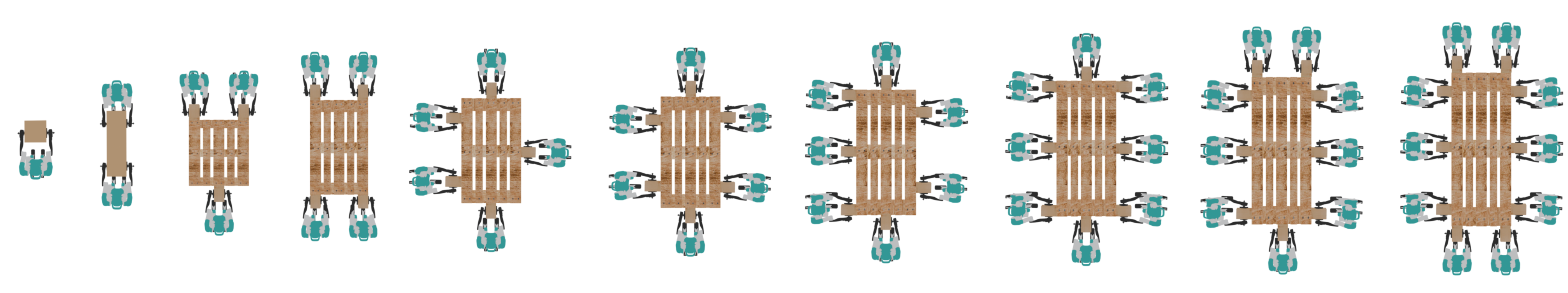 Top-view diagrams of one to ten Digit humanoids arranged around pallet-sized payloads