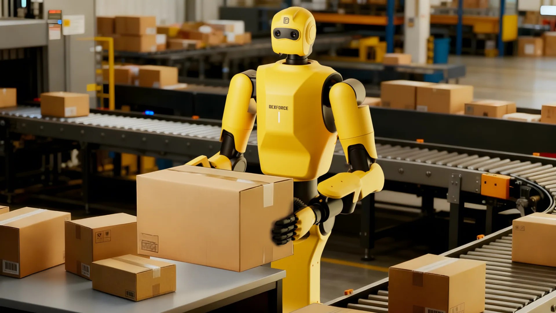DexForce W1 Pro holding a carton in a warehouse conveyor aisle