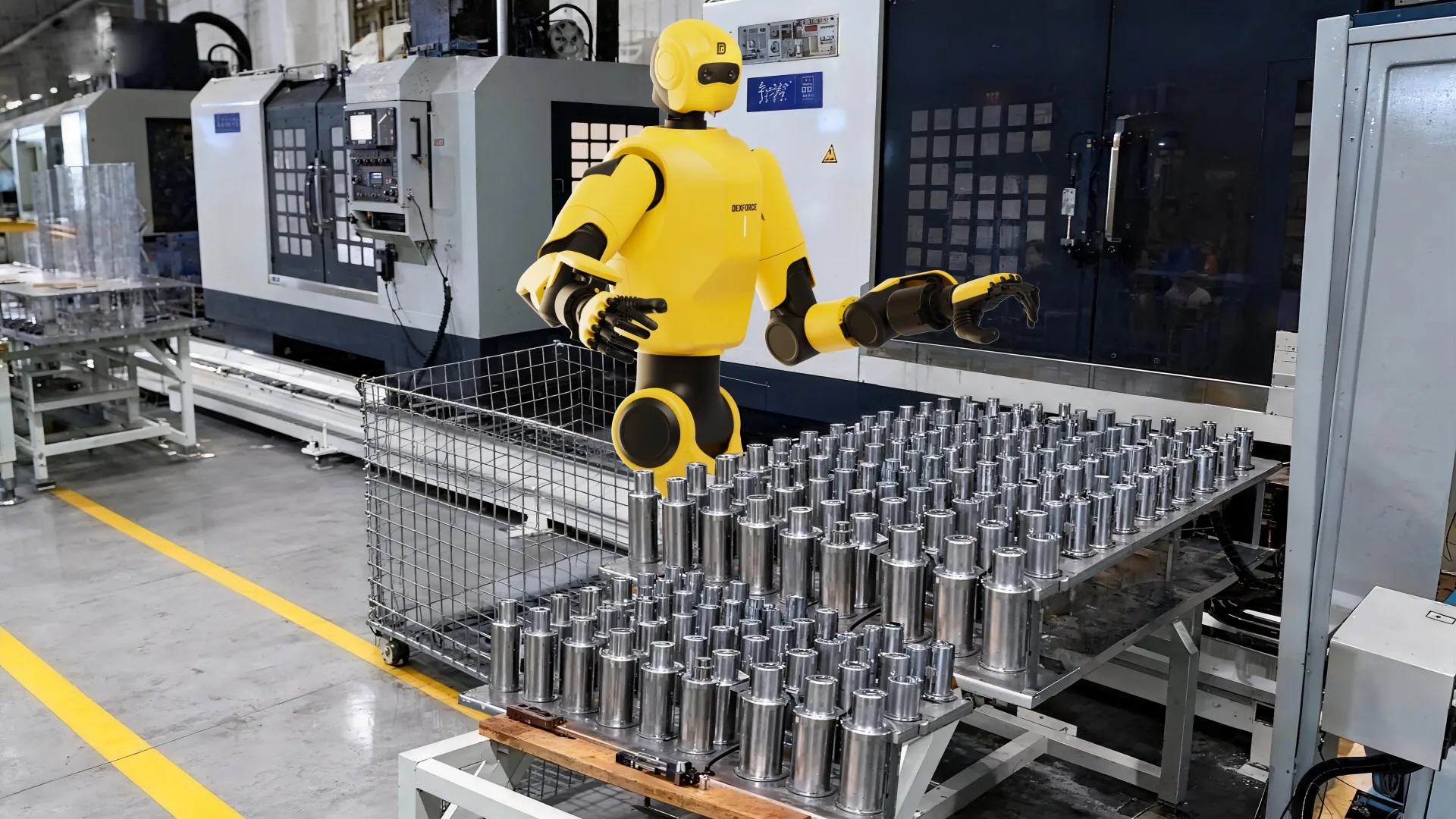 DexForce W1 Pro wheeled humanoid on a factory floor beside machined parts