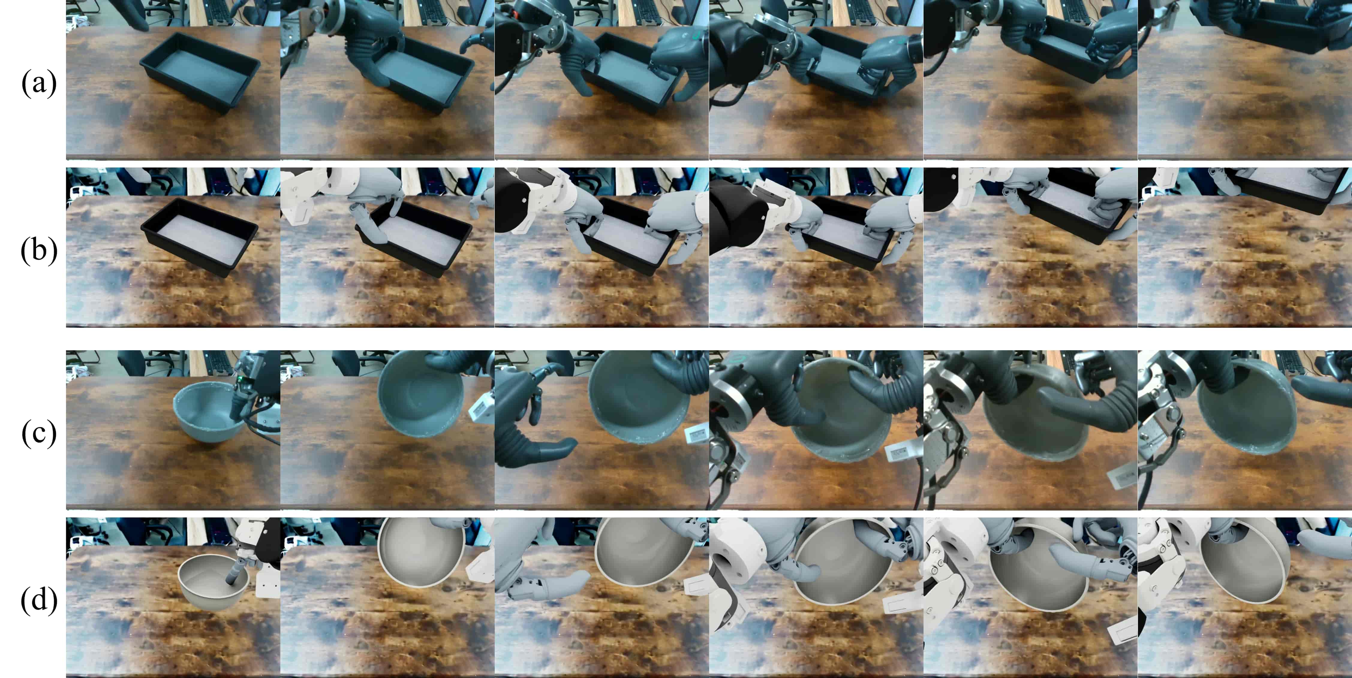 Photo sequences of dexterous hands lifting a tray and gripping a bowl on a wooden table