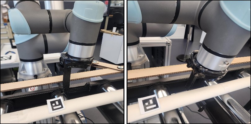 Close-up of a UR5e hook colliding with a bar versus lifting it cleanly