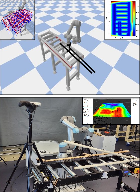 Simulation of a robot hooking bars on a conveyor above a real UR5e with a hook and two bars on rollers