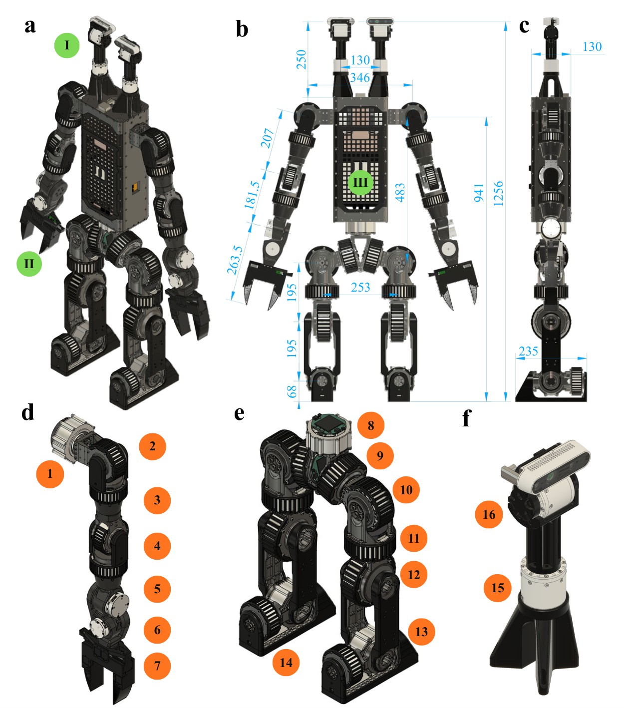 CAD of Duke Humanoid V2 with joint labels, arm, legs, and camera gimbal