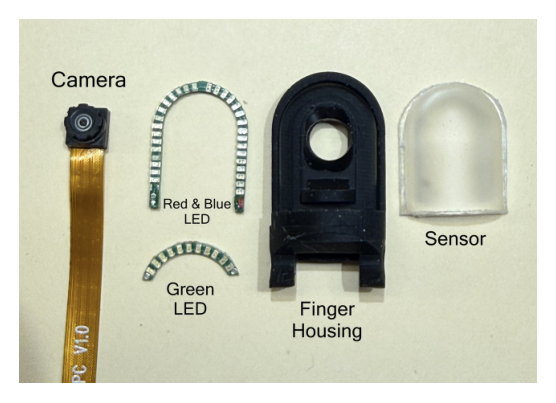 Disassembled tactile finger: camera, LED boards, housing, and clear sensor cap