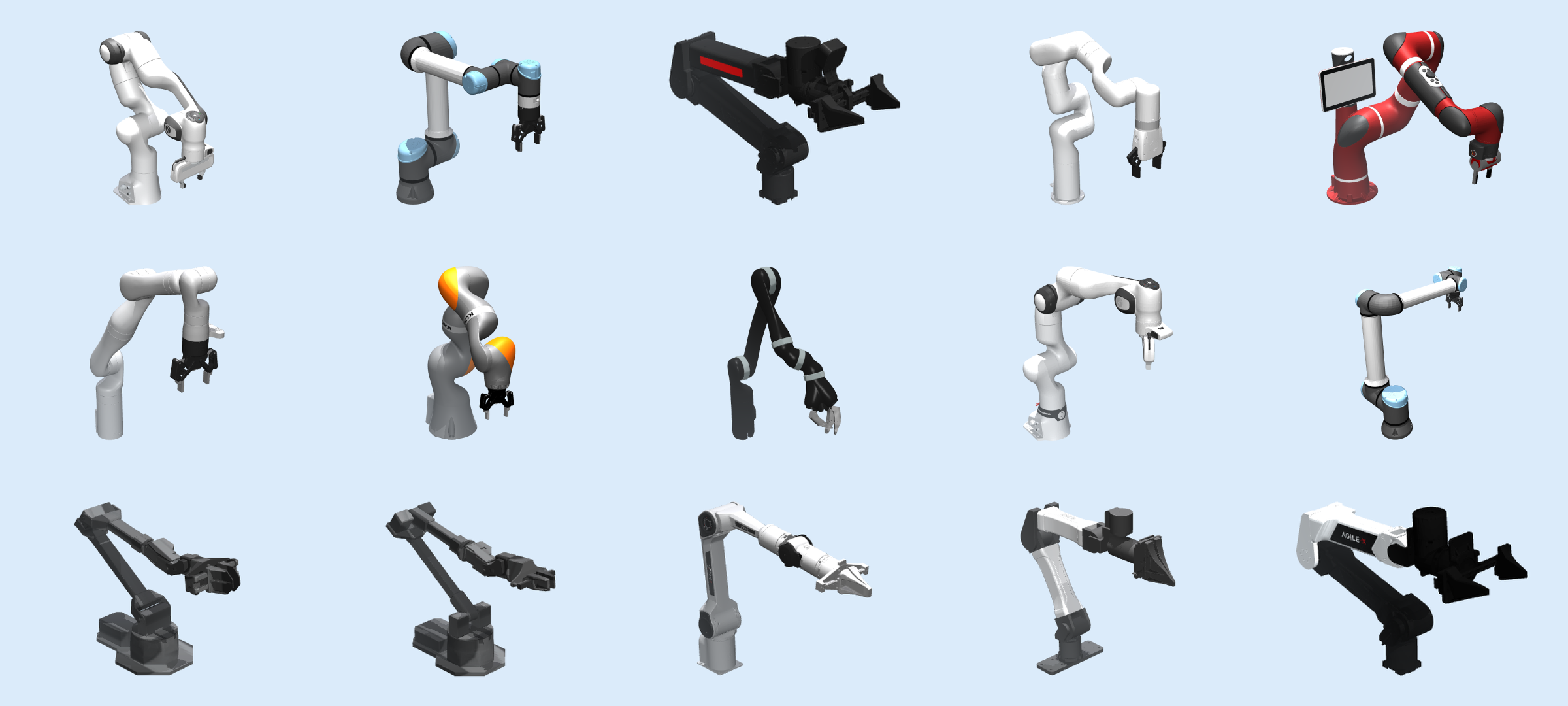 Grid of 15 robot morphologies supported by Ego2Robot