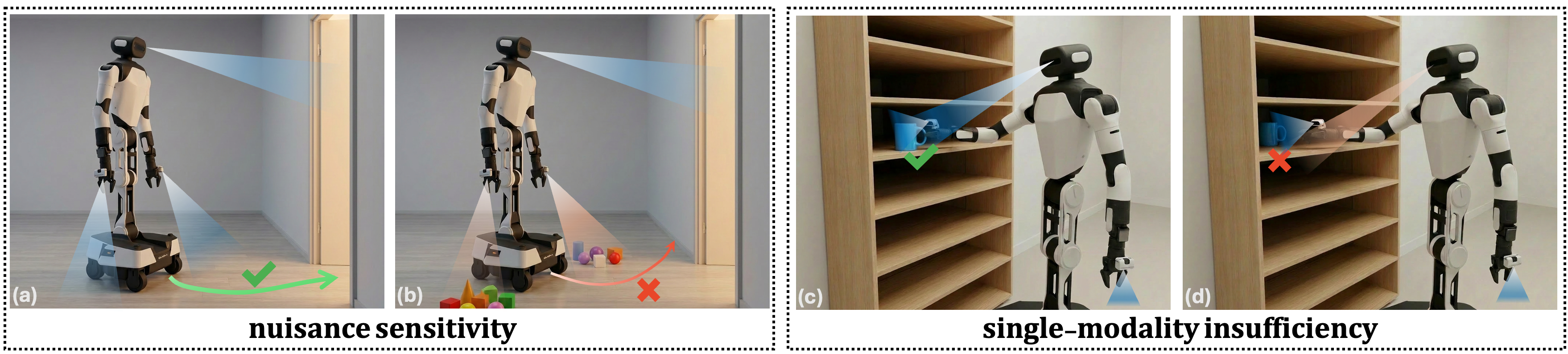 Four panels of a wheeled humanoid: wrist-camera distractors stall navigation; a shelf occludes the head camera