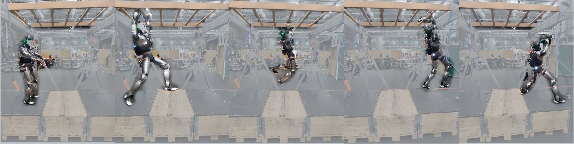 Five-frame sequence of a humanoid jumping to bars, swinging, and landing