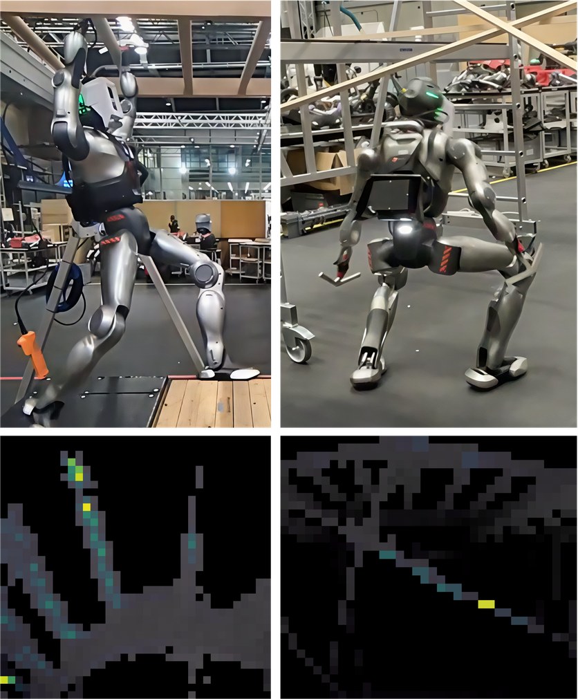 Humanoid hanging from a bar with hooks, then ducking under a slat, plus lidar attention maps