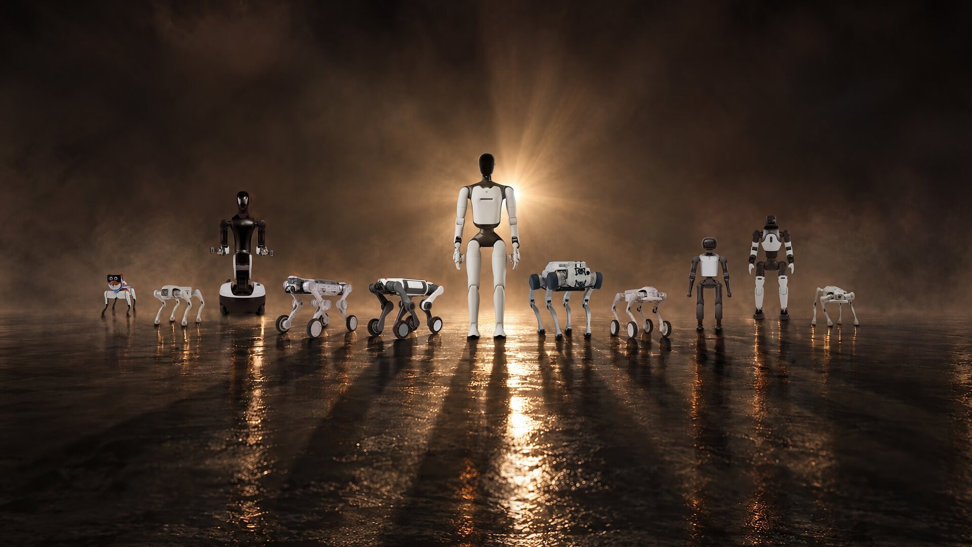 Lineup of Faraday Future humanoid and quadruped robots on a dark reflective floor
