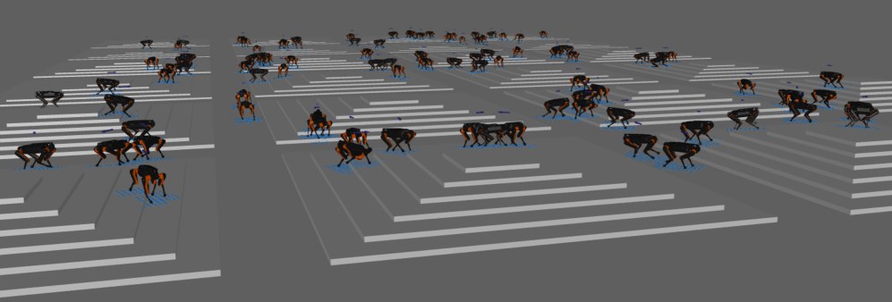 Parallel training quadrupeds on stepped pyramid terrain