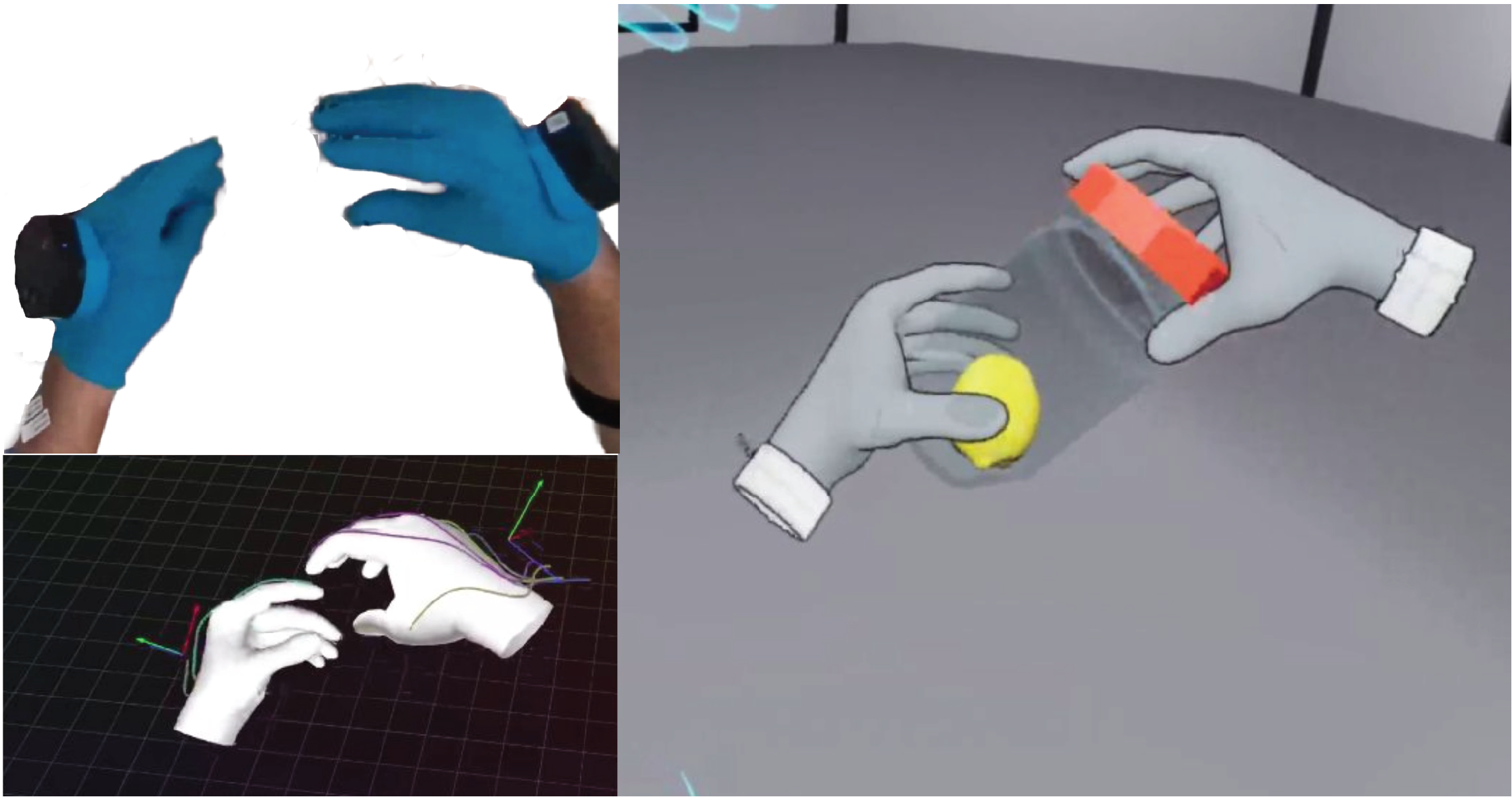 Blue sensing gloves, a reconstructed hand mesh, and a VR demo of opening a jar