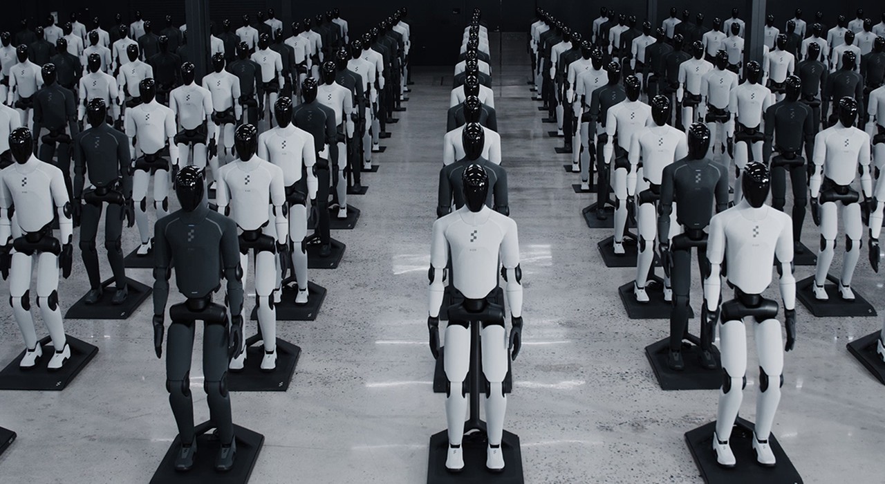Rows of Figure 03 humanoid robots in a production hall