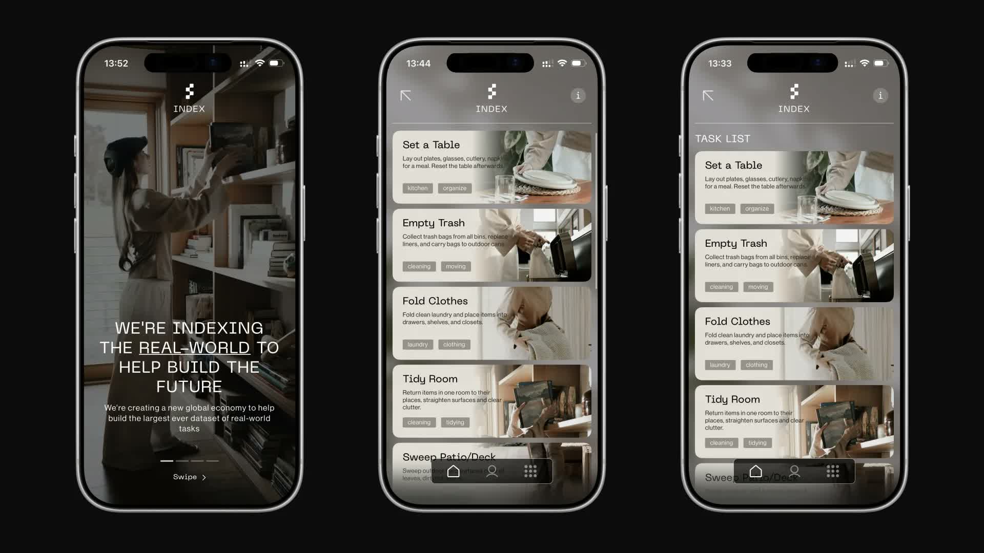 Three iPhone screens showing the Index app welcome screen and task list