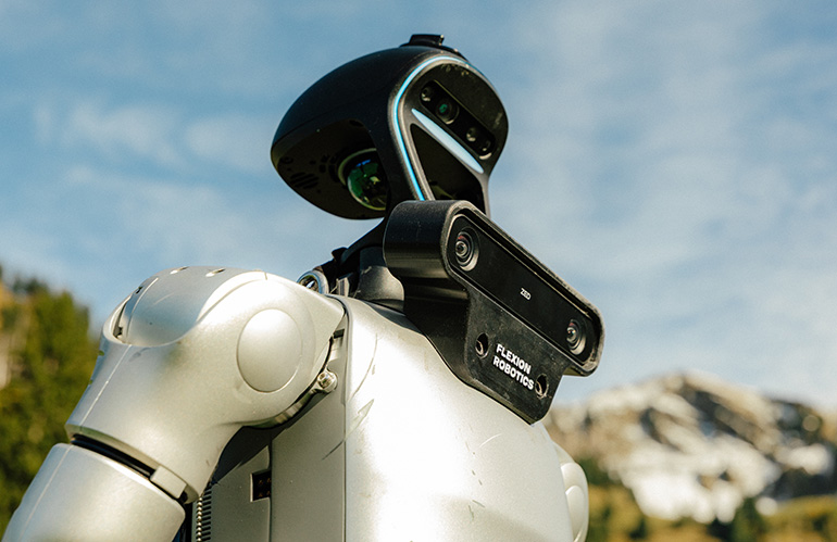 Close-up of Flexion Robotics humanoid head with ZED camera
