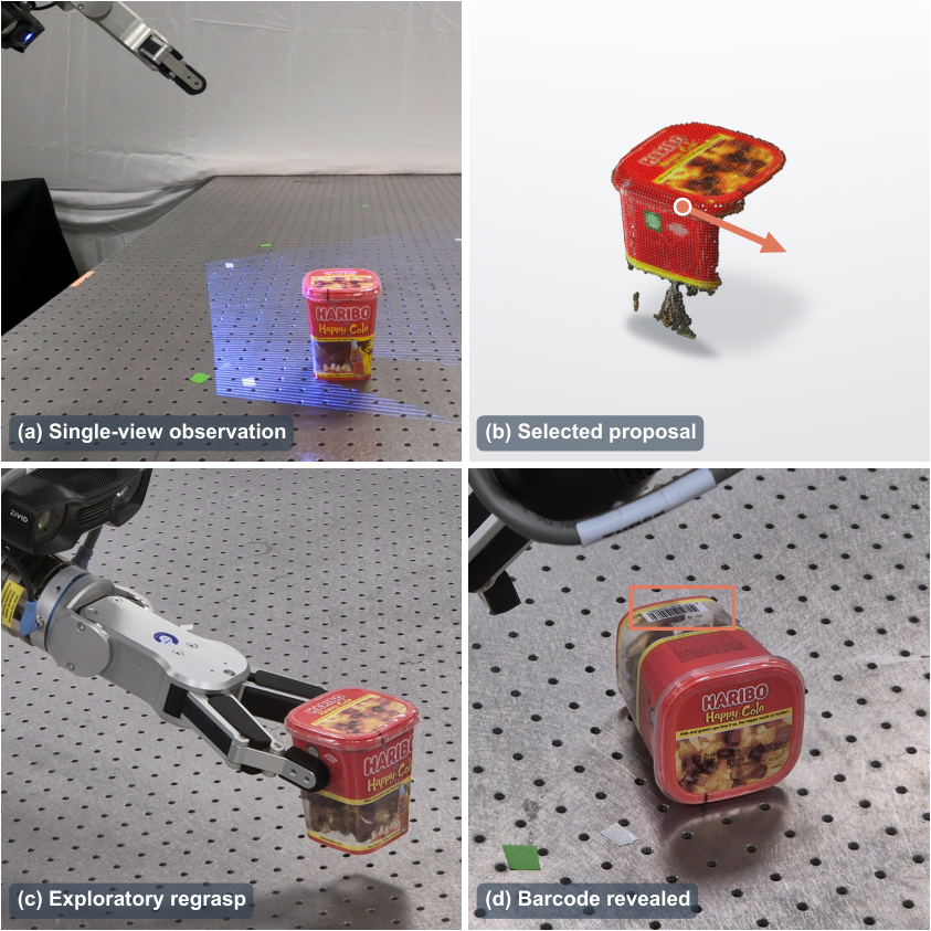 Four panels: snack tin on a table, predicted flip, robot regrasping, barcode visible on the new face