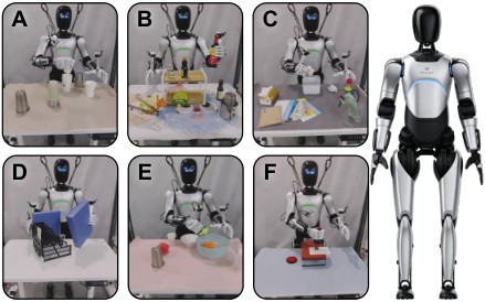 AgiBot Expedition A2 humanoid plus six tabletop tasks including stacking, filing, and stamping