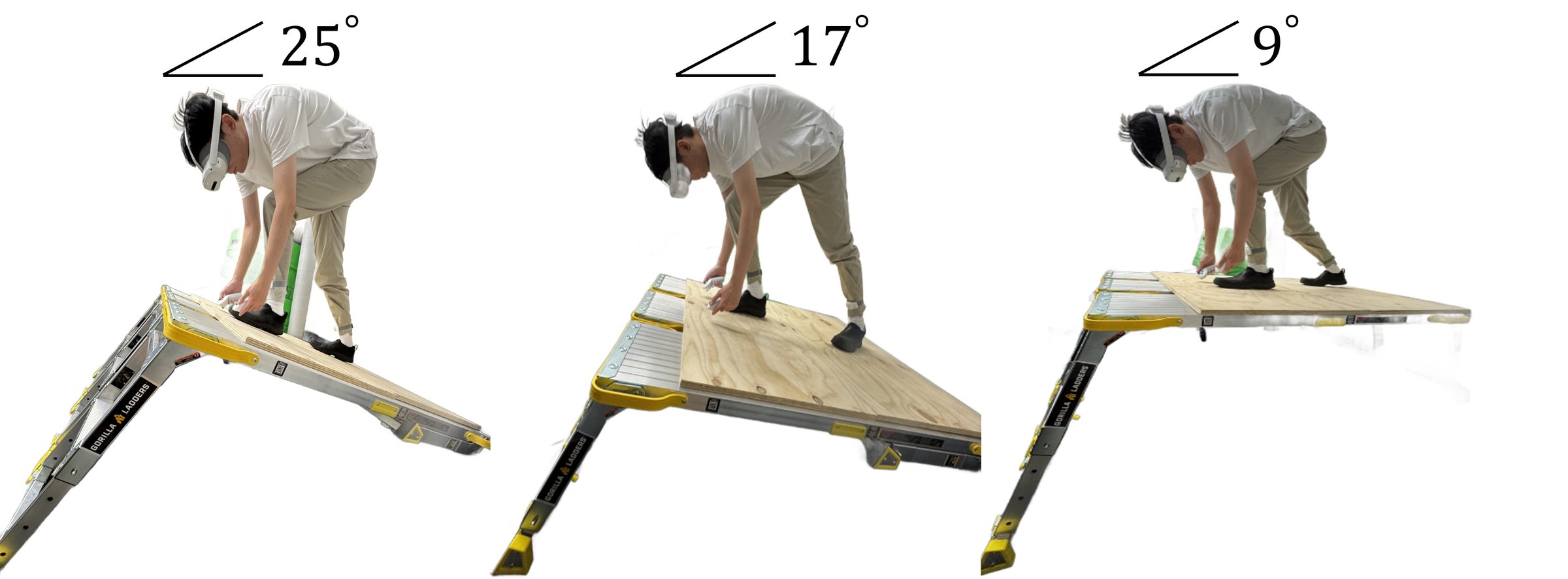 Person in a Pico headset demonstrating roofing motions on an adjustable wooden slope